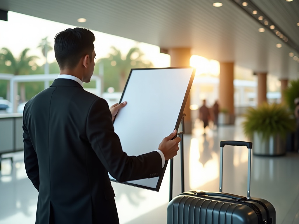 Chauffeur waiting at Bali airport arrivals with a greeting board