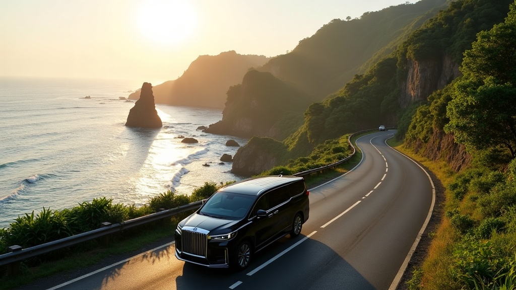 Denza D9 on a clifftop coastal road above the ocean in southern Bali