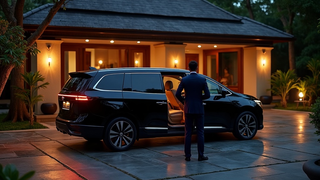 Chauffeur opening the sliding door of a Denza D9 at a Bali villa forecourt at dusk